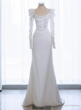 White Mermaid Long Sleeve Square Pleats Wedding Dress